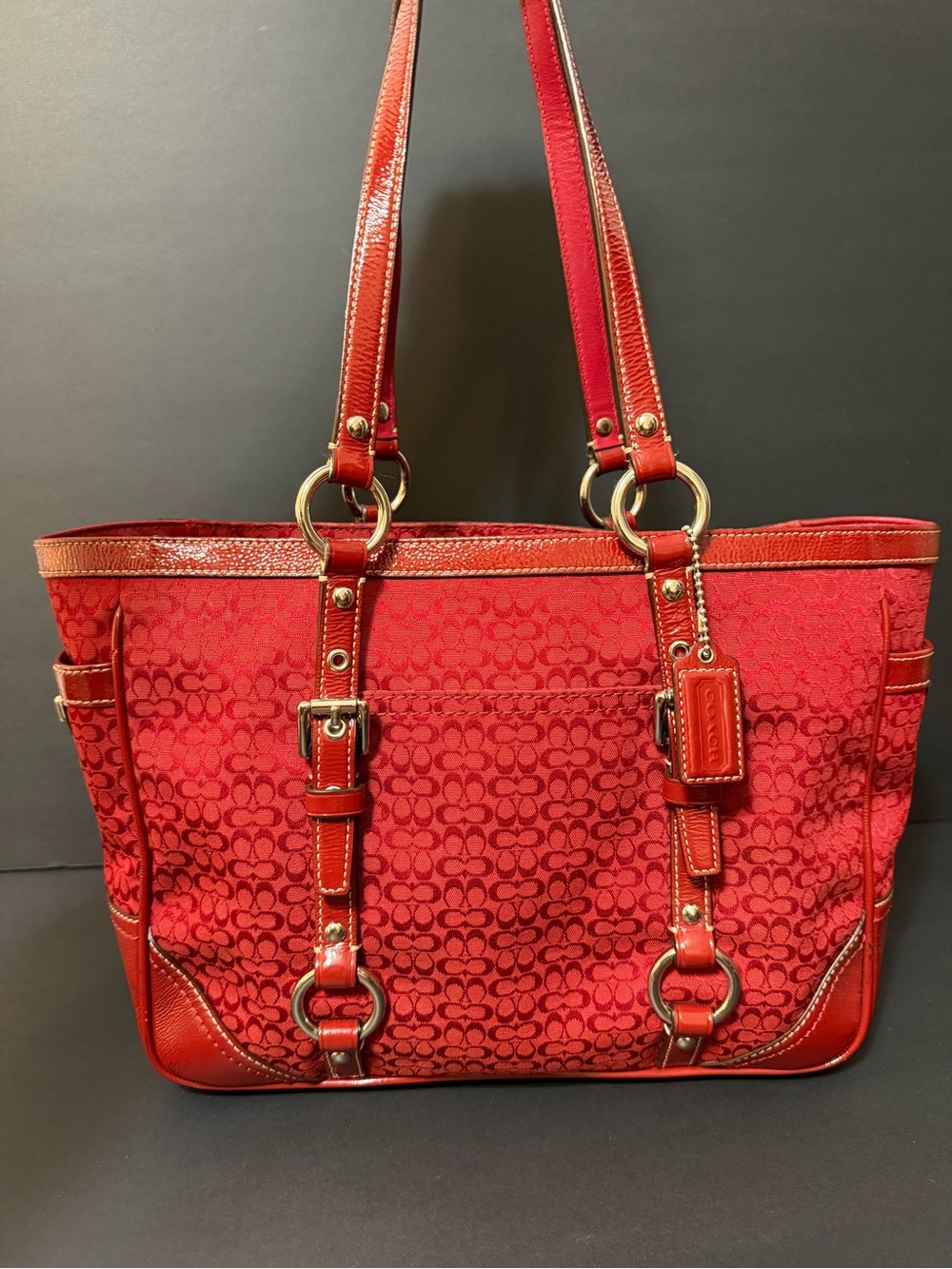 Vintage Coach Red Signature Logo Medium gallery Tote Bag Zip Top Double Handles